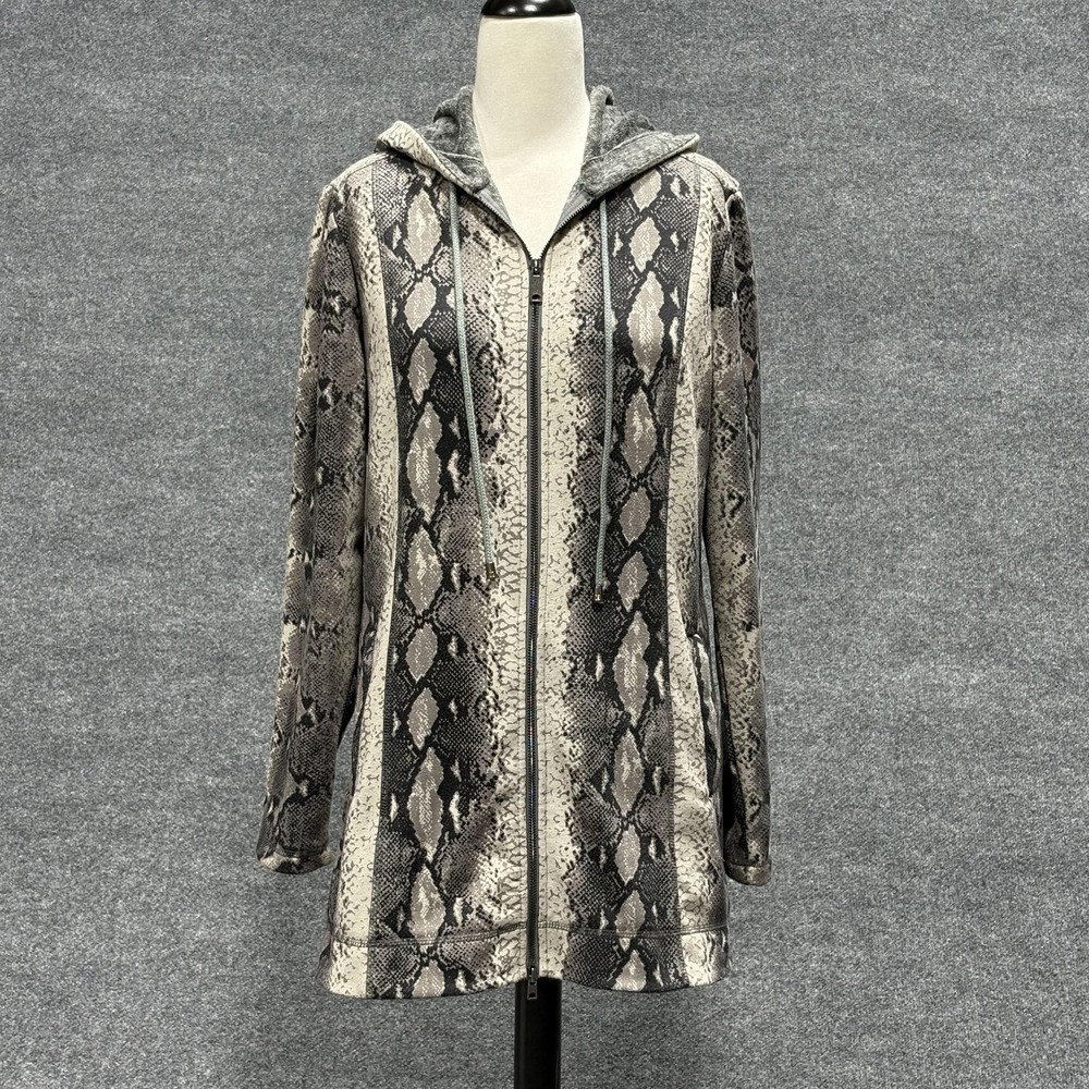 Neiman Marcus Exclusive Jacket Womens Large Gray Snakeskin Print Zip Hooded
